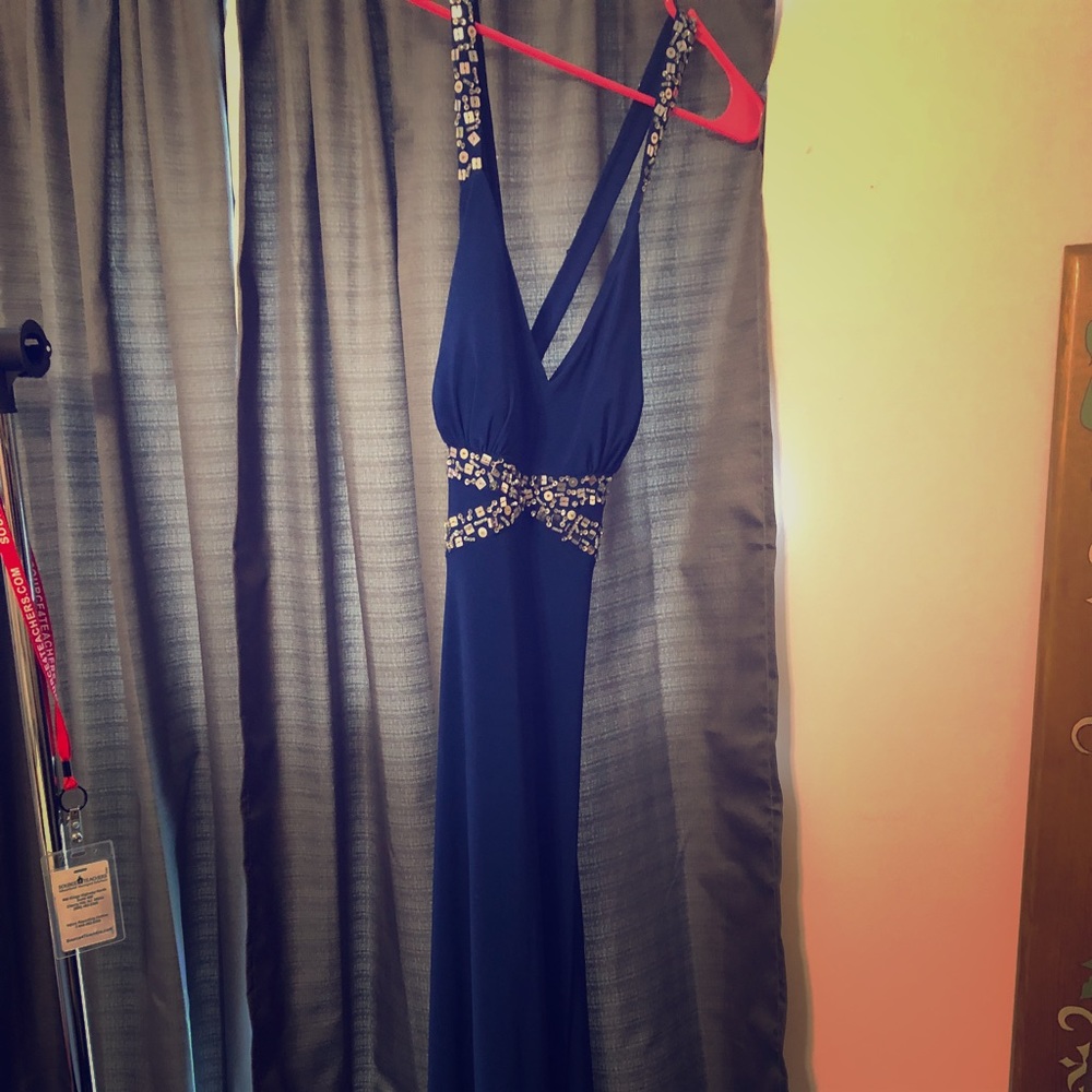 Dark blue floor length gown